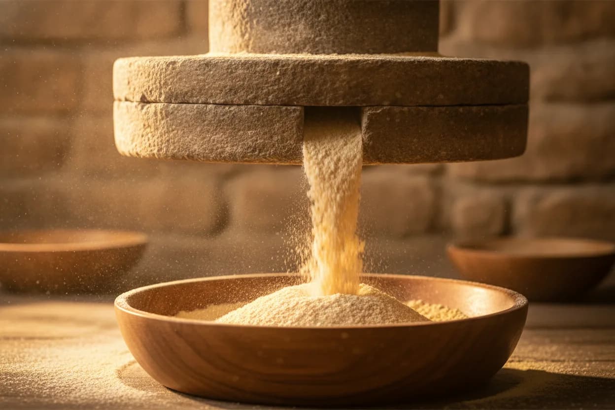 Stone-grinding wheel turning out fresh atta